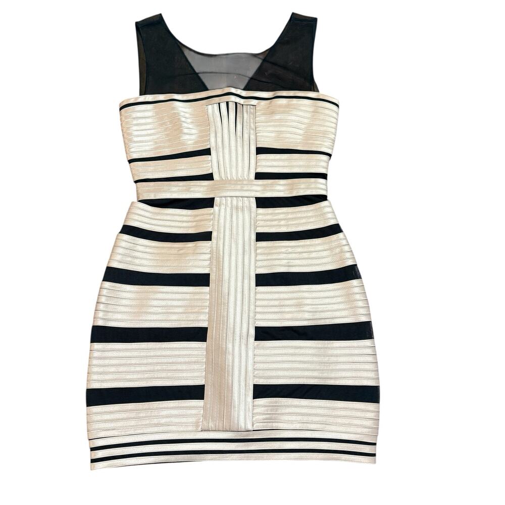 BCBGMaxAzria Gold and Black Bodycon Mini Dress, Stripe, Mesh, Size 2